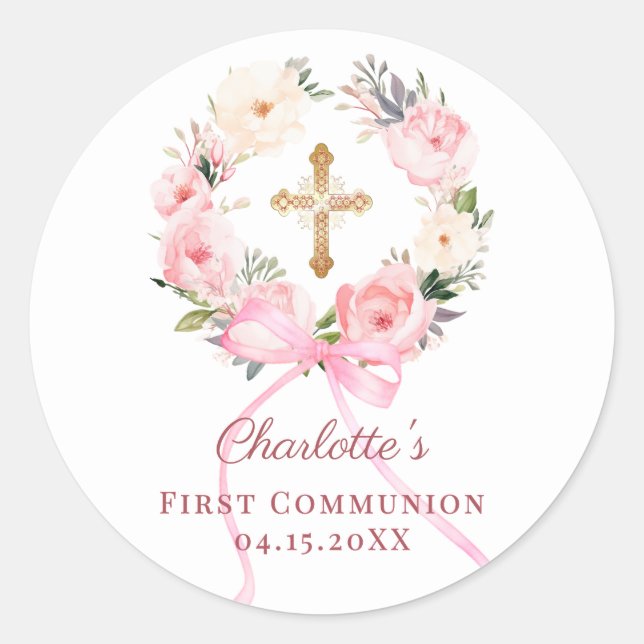 Pink floral wreath bow First Communion Runder Aufkleber (Vorderseite)