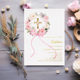 Pink floral wreath cross bow girl baptism folieneinladung