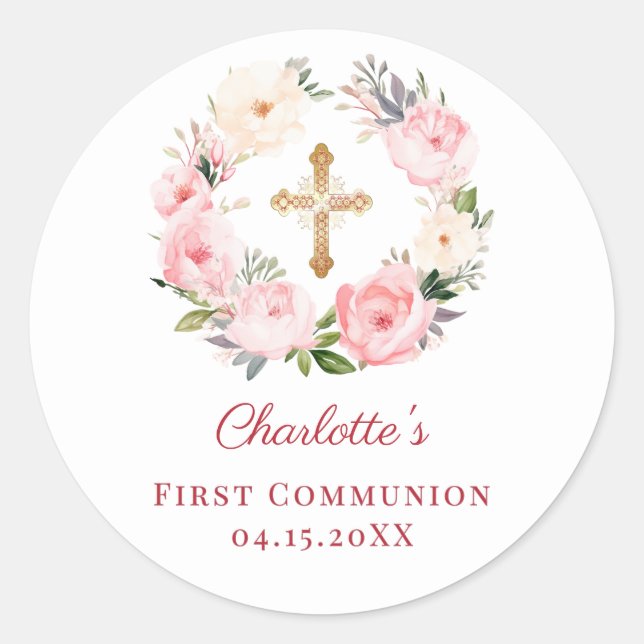 Pink floral wreath First Communion Runder Aufkleber (Vorderseite)