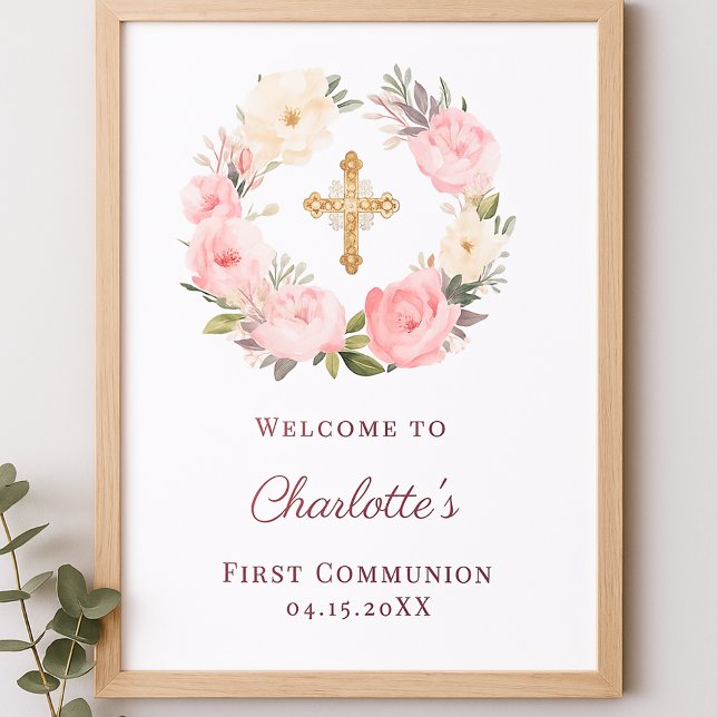 Pink floral wreath First Communion welcome Poster (Von Creator hochgeladen)