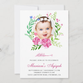 Pink Floral Wreath Foto Baby Girl Aqiqah Einladung