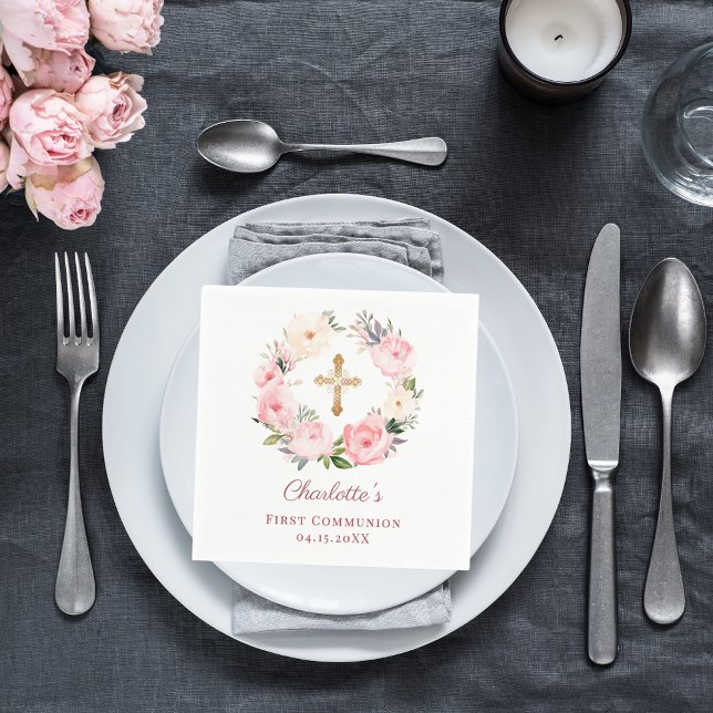 Pink floral wreath girl First Communion Serviette (Von Creator hochgeladen)