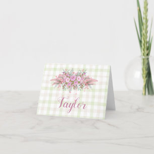 Pink Floral Wreath Green Gingham Dankeskarte