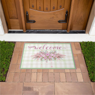 Pink Floral Wreath Green Gingham Fußmatte