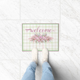 Pink Floral Wreath Green Gingham Fußmatte