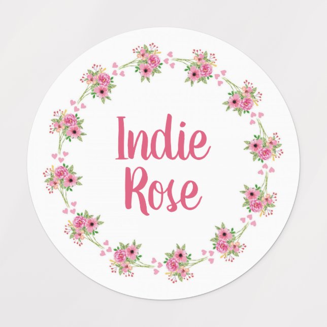 Pink Floral Wreath Individuelle Name School Labels Etiketten (Design 1)