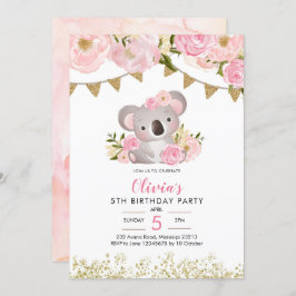 Pink Floral Wreath Koala Einladung zum Geburtstag