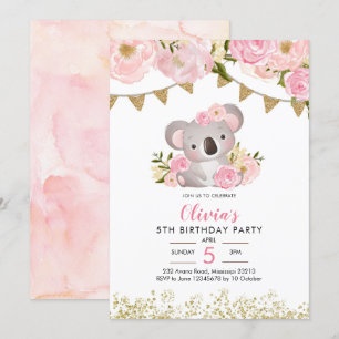 Pink Floral Wreath Koala Einladung zum Geburtstag