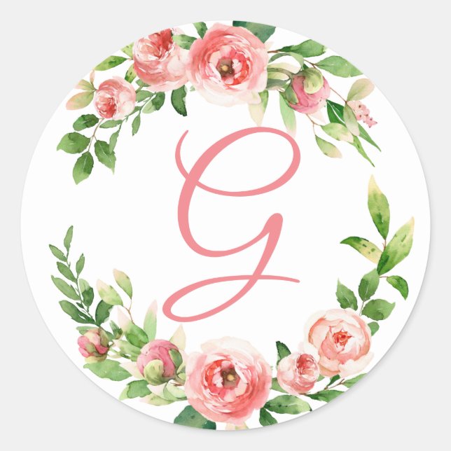 Pink Floral Wreath Monogram Aufkleber (Vorderseite)