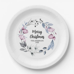 Pink Floral Wreath Weihnachten Pappteller