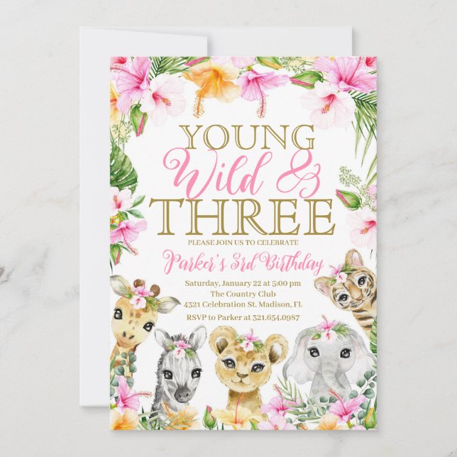 Pink Floral Your Wild & Three Jungle Birthday Girl Einladung (Vorderseite)