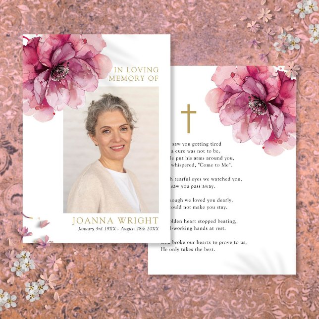 Pink-florale Gedenkkarte Beerdigung Gebet Foto-Kar (Pink Floral Memorial Funeral Prayer Photo Card)