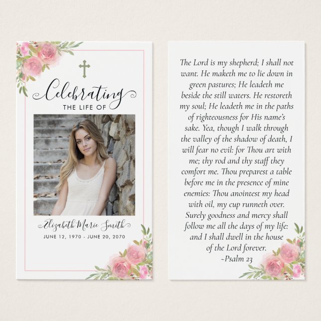 Pink-florale Gedenkkarte Beerdigungskarte (Vorne & Hinten)