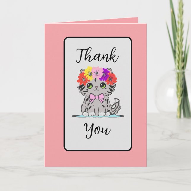 Pink florale Kitty geklappt Danke Karte (Vorderseite)