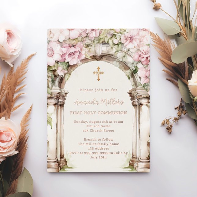 Pink florals arch beige First Communion rose gold Folieneinladung (Von Creator hochgeladen)