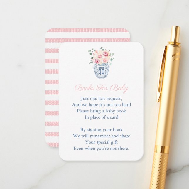 Pink Florals Chinoiserie Bringen Sie ein Buch Baby Begleitkarte (Vorderseite/Rückseite Beispiel)