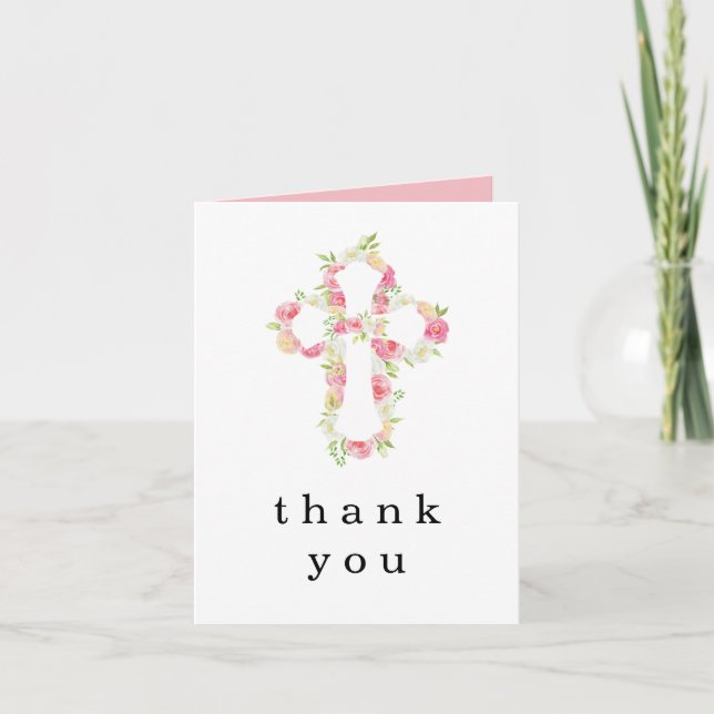 Pink Florals Cross Taufe Christening Vielen Dank Einladung (Vorderseite)
