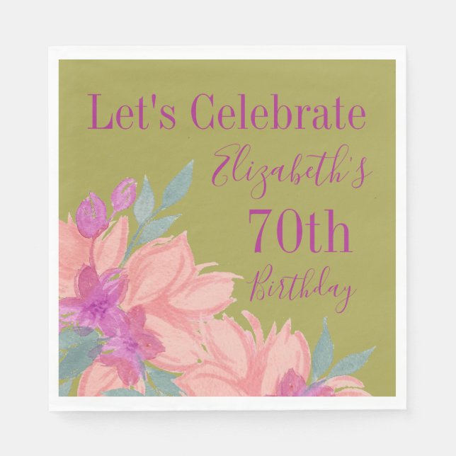 Pink Florals Personalisiert 70. Geburtstag Napkins Serviette (Vorderseite)