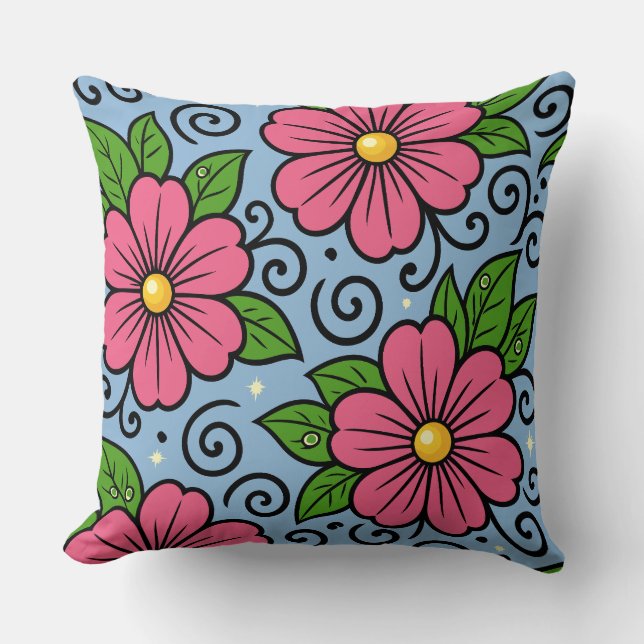 Pink Florals with Green Leaves and Curved Details Kissen (Vorderseite)