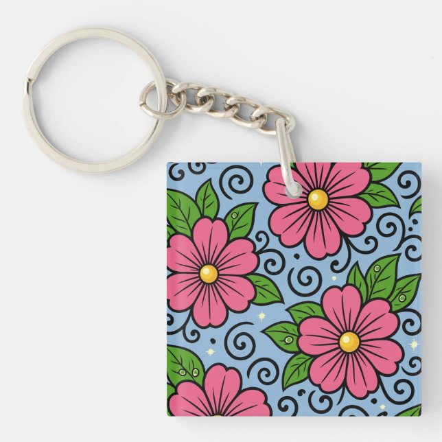 Pink Florals with Green Leaves and Curved Details Schlüsselanhänger (Vorderseite)