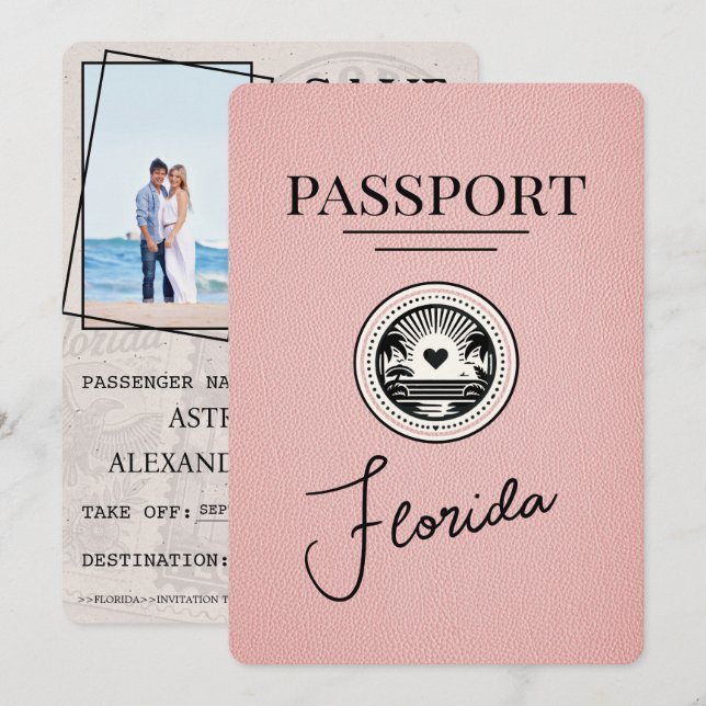 Pink Florida Passport Save the Date (Vorne/Hinten)