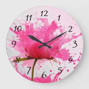 Pink Flower Abstract Paint Splatter Große Wanduhr