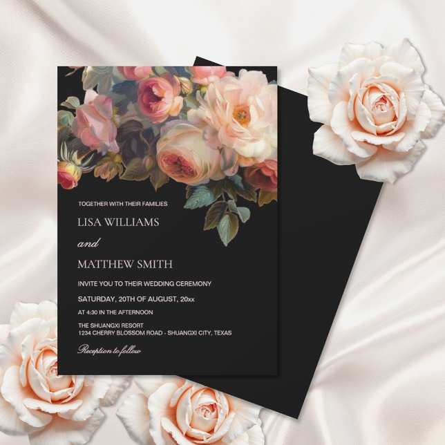 Pink Flower Dark Floral Roses Wedding Einladung (Von Creator hochgeladen)