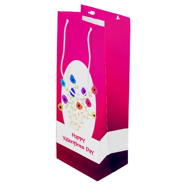 Pink Flower Happy Valentines Weinbeutel Geschenktüte Für Weinflaschen (Vorderseite Schrägansicht)