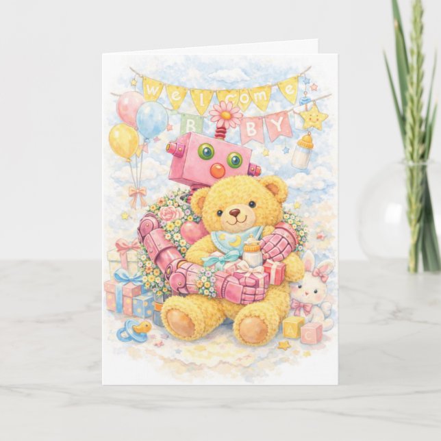 Pink Flower Robot & Teddy – Welcome Baby Shower Karte (Vorderseite)