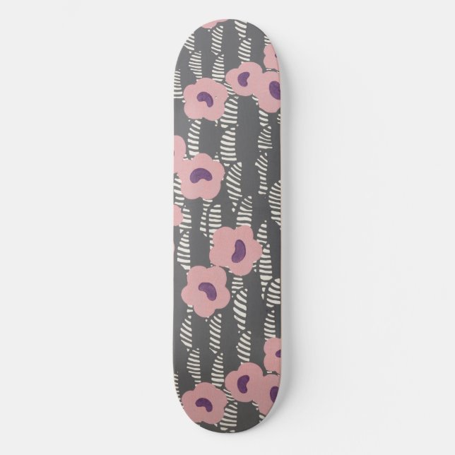 Pink Flowers Abstract Blooms Mid-century Art Deco Skateboard (Vorderseite)