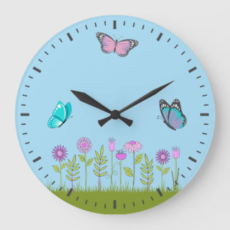 Pink Flowers and Butterfly All-Over Print Große Wanduhr