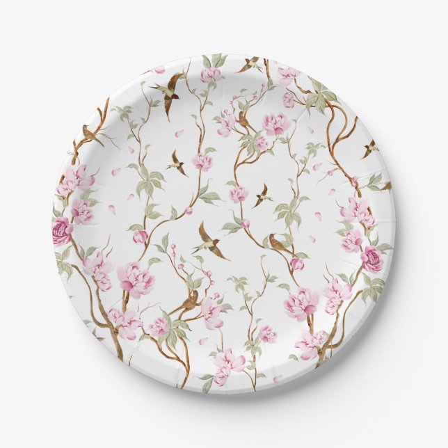 pink flowers and green leaves pappteller (Vorderseite)