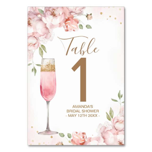 Pink Flowers Brunch & Bubbly Bridal Shower  Tischnummer (Vorderseite)