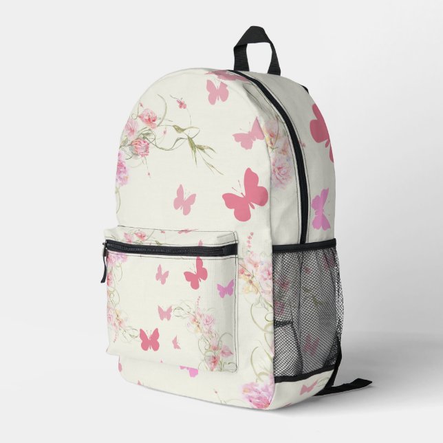 Pink Flowers, Butterflies, Pale Pink Background Bedruckter Rucksack (Rückseitige Ecke Rechts)
