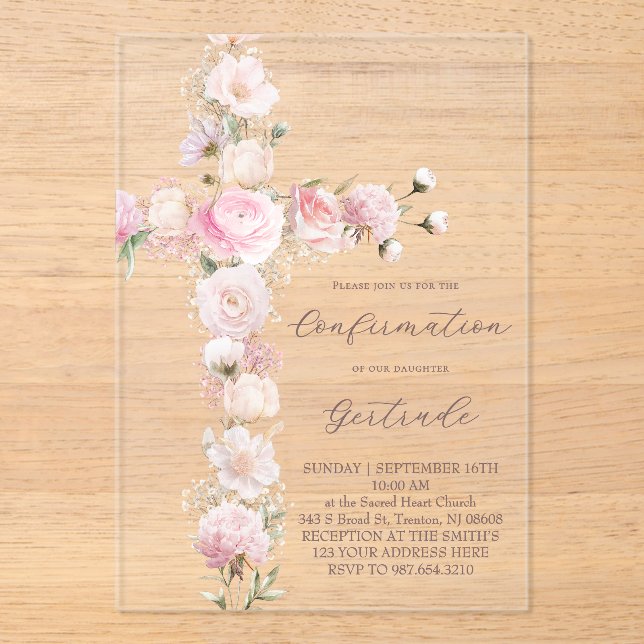pink flowers cross  Confirmation Acryleinladungen (Vorderseite)