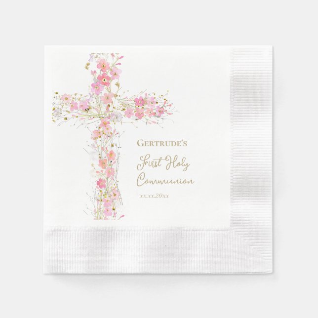  pink flowers cross First Holy Communion Serviette (Vorderseite)