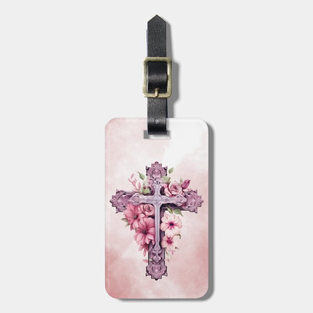 Pink Flowers Cross Luggage Tag Gepäckanhänger (Vorderseite vertikal)
