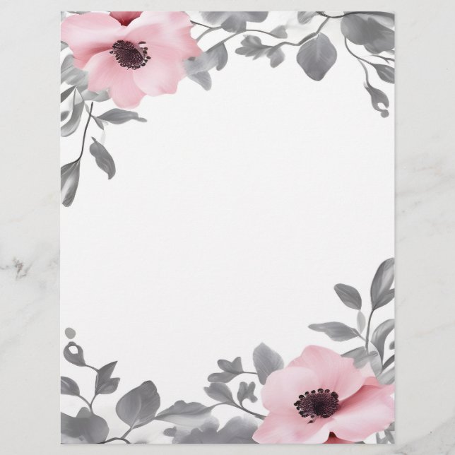 Pink Flowers Gray Accents Stationery Paper Briefbogen (Vorderseite)