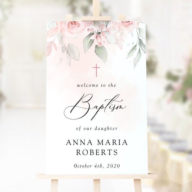 Pink Flowers, Greenery, Boho, Baptism Welcome Poster (Von Creator hochgeladen)
