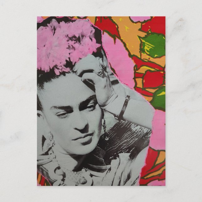 Pink Flowers in Her Hair Mixed Media Collage Postkarte (Vorderseite)