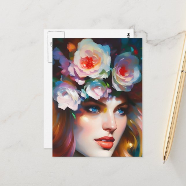 Pink Flowers in her Hair Postkarte (Vorderseite/Rückseite Beispiel)