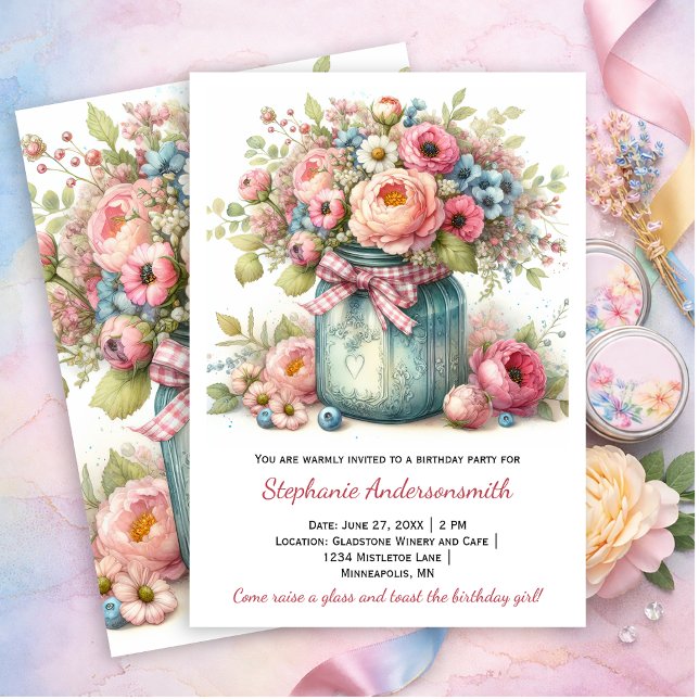 Pink Flowers Mason Jar Birthday Party | Invitation Einladung (Von Creator hochgeladen)