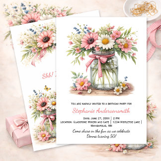 Pink Flowers Mason Jar Geburtstagsfeier | Einladung