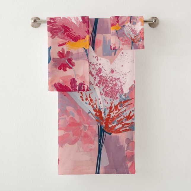 Pink Flowers Painted Brushtrokes Botanical Pattern Badhandtuch Set (Insitu)