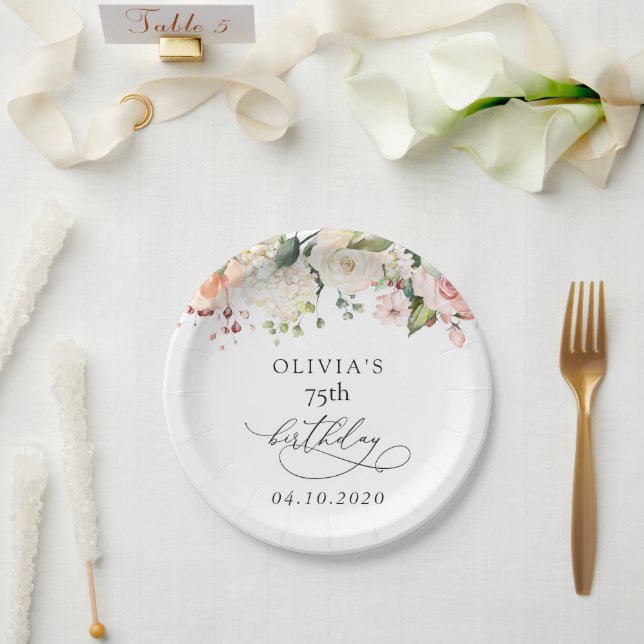 Pink Flowers, White Flowers, Boho, Birthday Pappteller (Hochzeit)