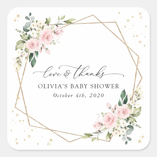 Pink Flowers, White Flowers, Greenery, Baby Shower Quadratischer Aufkleber (Vorderseite)