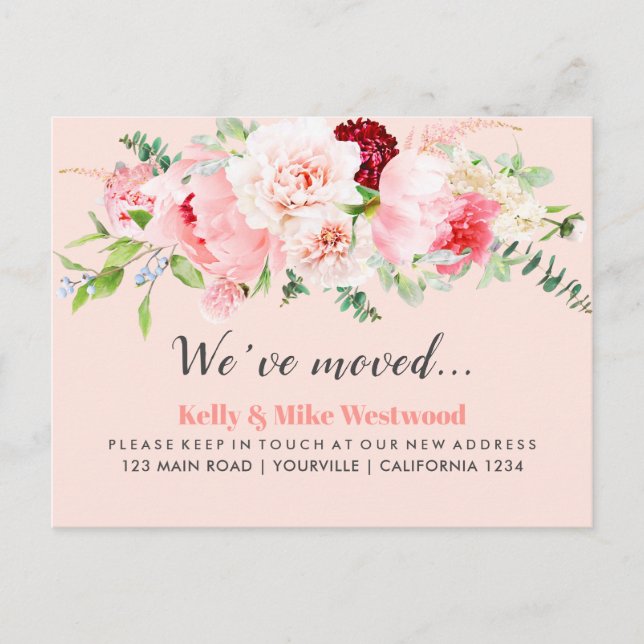 Pink FlowerWir haben neue Adresse Neue Zuhause ver Postkarte (Vorderseite)