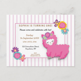 Pink Fluffy Llama Stripe Erster Geburtstag Einladu Postkarte