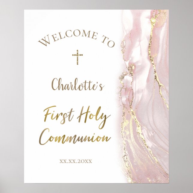 pink fluid marble | First Communion welcome sign Poster (Vorne)