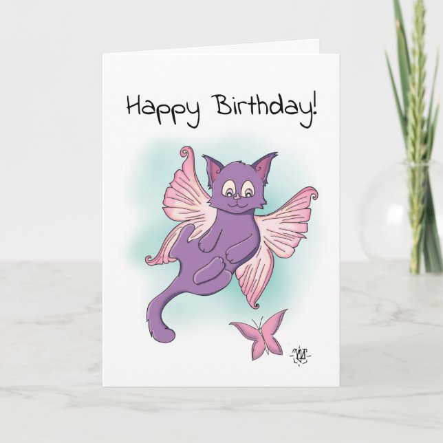 Pink Flying Kitten Happy Birthday Karte (Vorderseite)